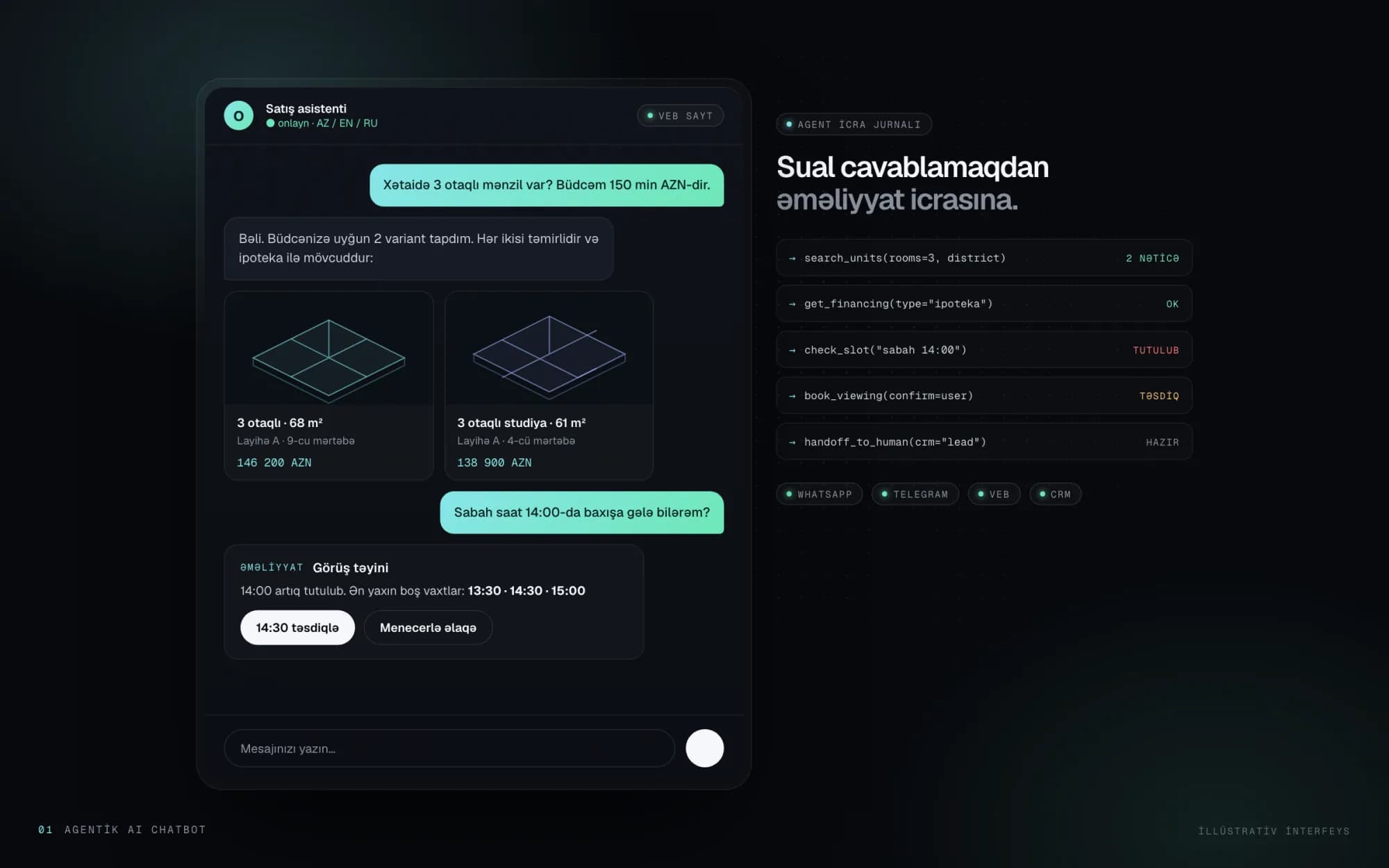 Agentik AI chatbot: mənzil variantlarını göstərir və baxış üçün görüş təyin edir